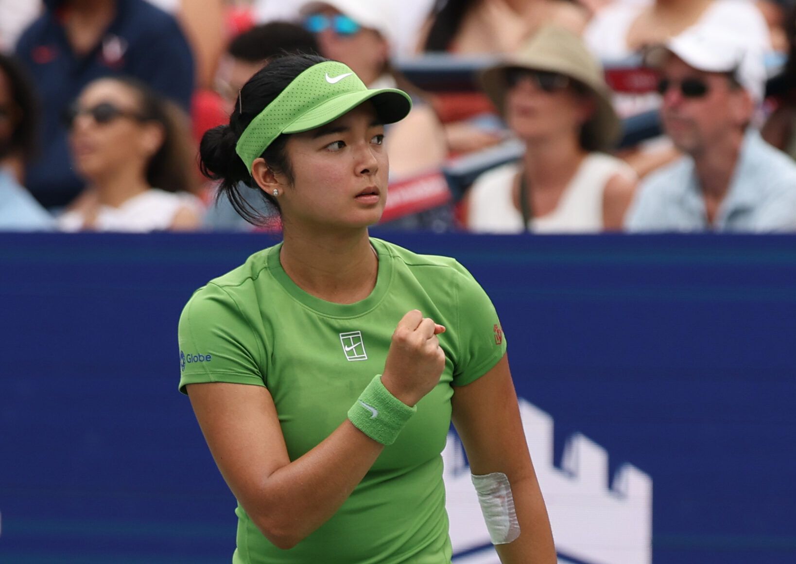 Aug 1, 2026; Washington, D.C., USA; Alexandra Eala (PHI) reacts after winning a game against Naomi Osaka (JPN) (not pictured) in a women's singles semifinal on day six of the 2026 Mubadala DC Open at Rock Creek Park Tennis Center. © Geoff Burke-Imagn Images