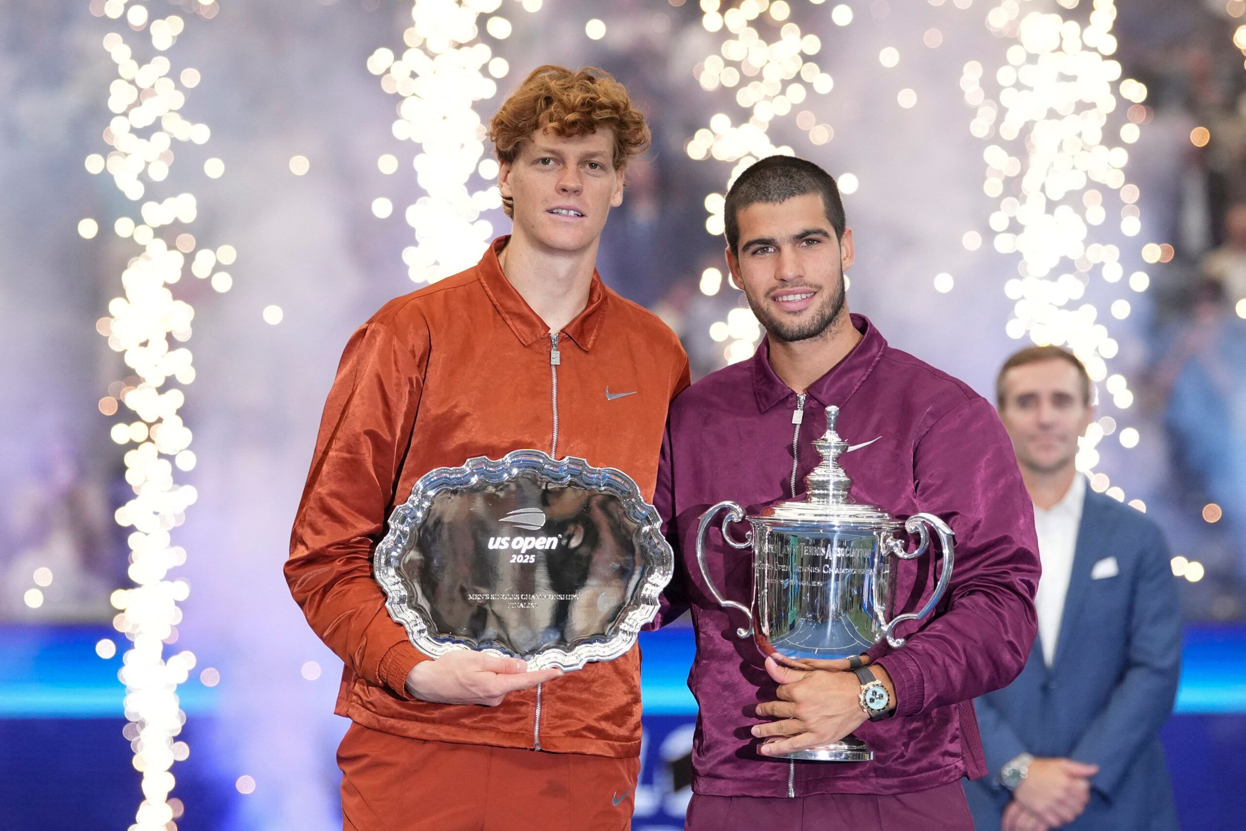 Sep 7, 2025; Flushing, NY, USA; Carlos Alcaraz (ESP) and Jannik Sinner (ITA) poses for a photo after the final of mens singles at Billie Jean King National Tennis Center. © Robert Deutsch-Imagn Images