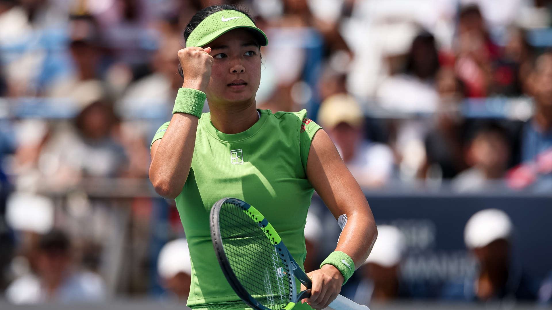 WASHINGTON, DC - AUGUST 03: Alexandra Eala of the Philippines reacts during the women's singles championship match against Jessica Pegula of the United States on the final day of the Mubadala DC Open 2026 at William H.G. FitzGerald Tennis Center on August 3, 2026 in Washington, DC. (Photo by Scott Taetsch/Getty Images)