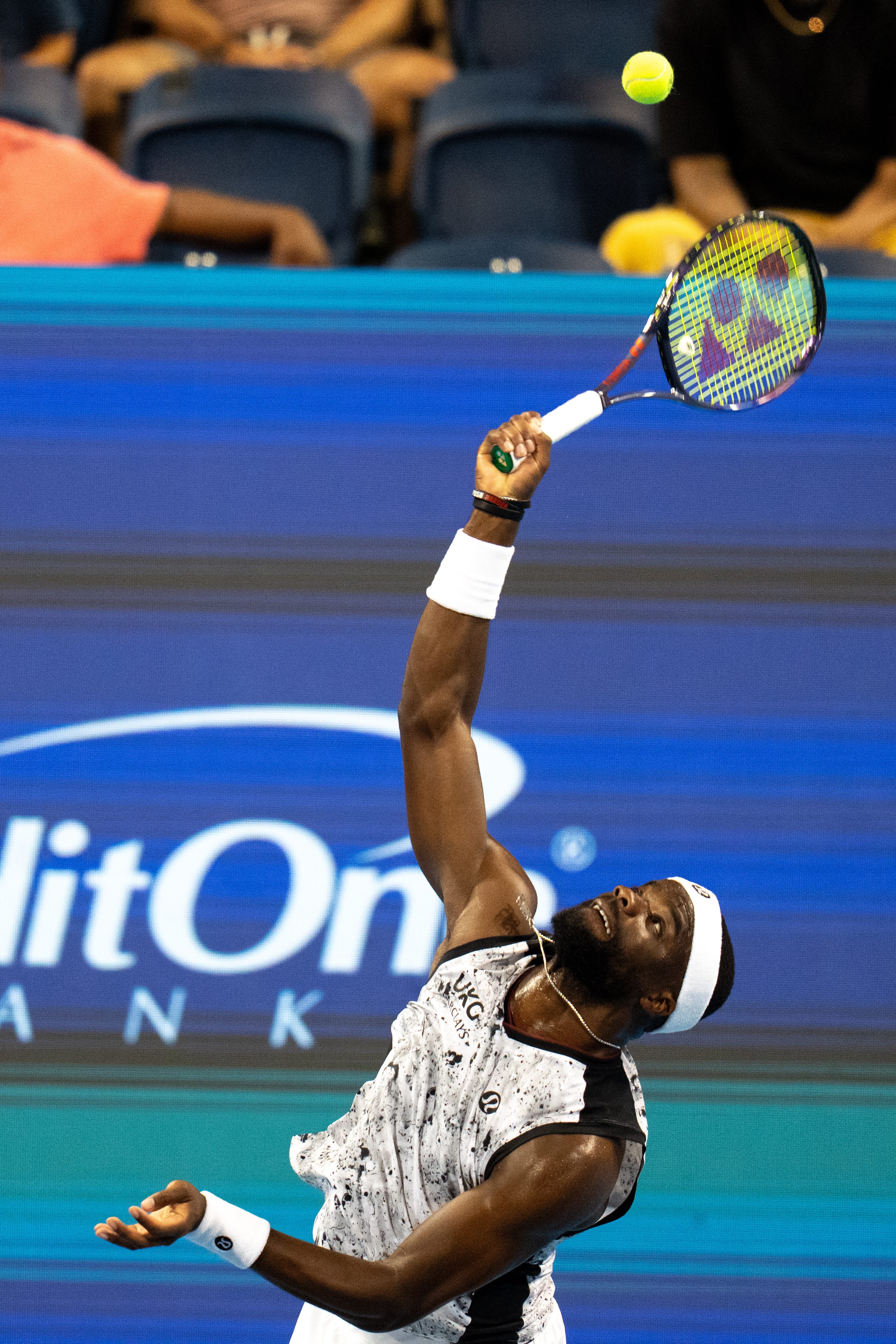 Frances Tiafoe, of United States, serves to Felix Auger-Aliassime, of Canada, at the Cincinnati Open at the Lindner Family Tennis Center in Mason, Ohio, on Wednesday, August 19, 2026.
