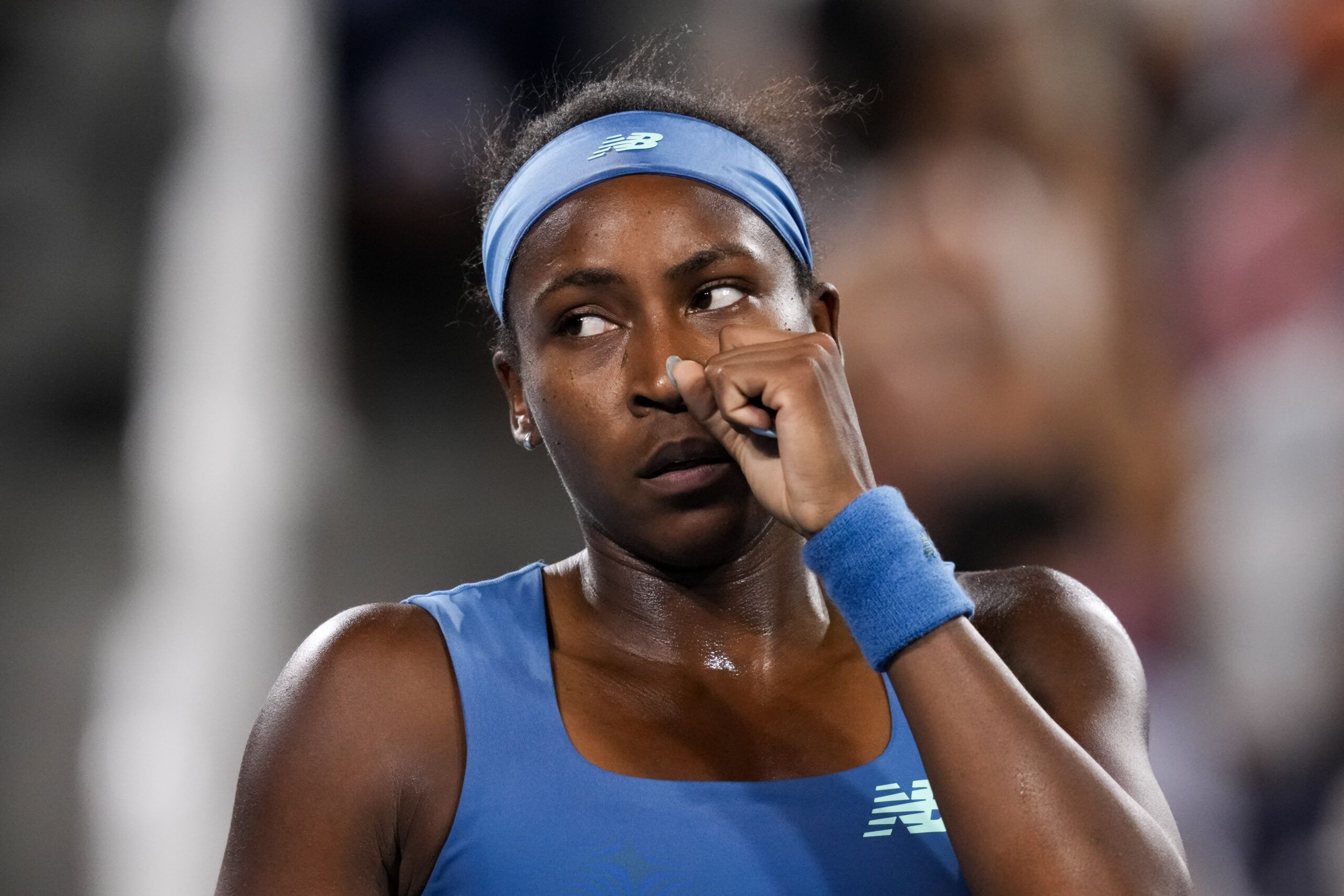 Aug 22, 2026; Mason, OH, USA; Coco Gauff (USA) reacts after returning a shot against Sara Bejlek (CZE) during the Cincinnati Open at Lindner Family Tennis Center. © Aaron Doster-Imagn Images