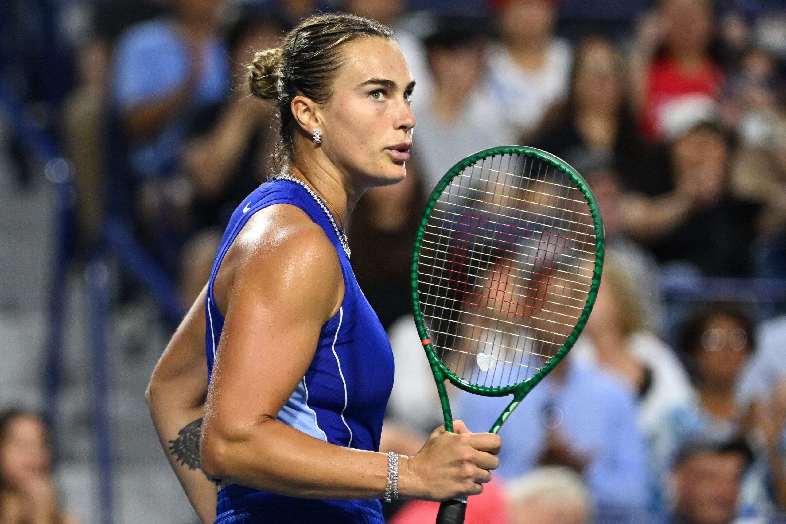 Aug 6, 2026; Toronto, Ontario, Canada; Aryna Sabalenka reacts after defeating Shuai Zhang (CHN) during third round play at Sobeys Stadium. © Dan Hamilton-Imagn Images