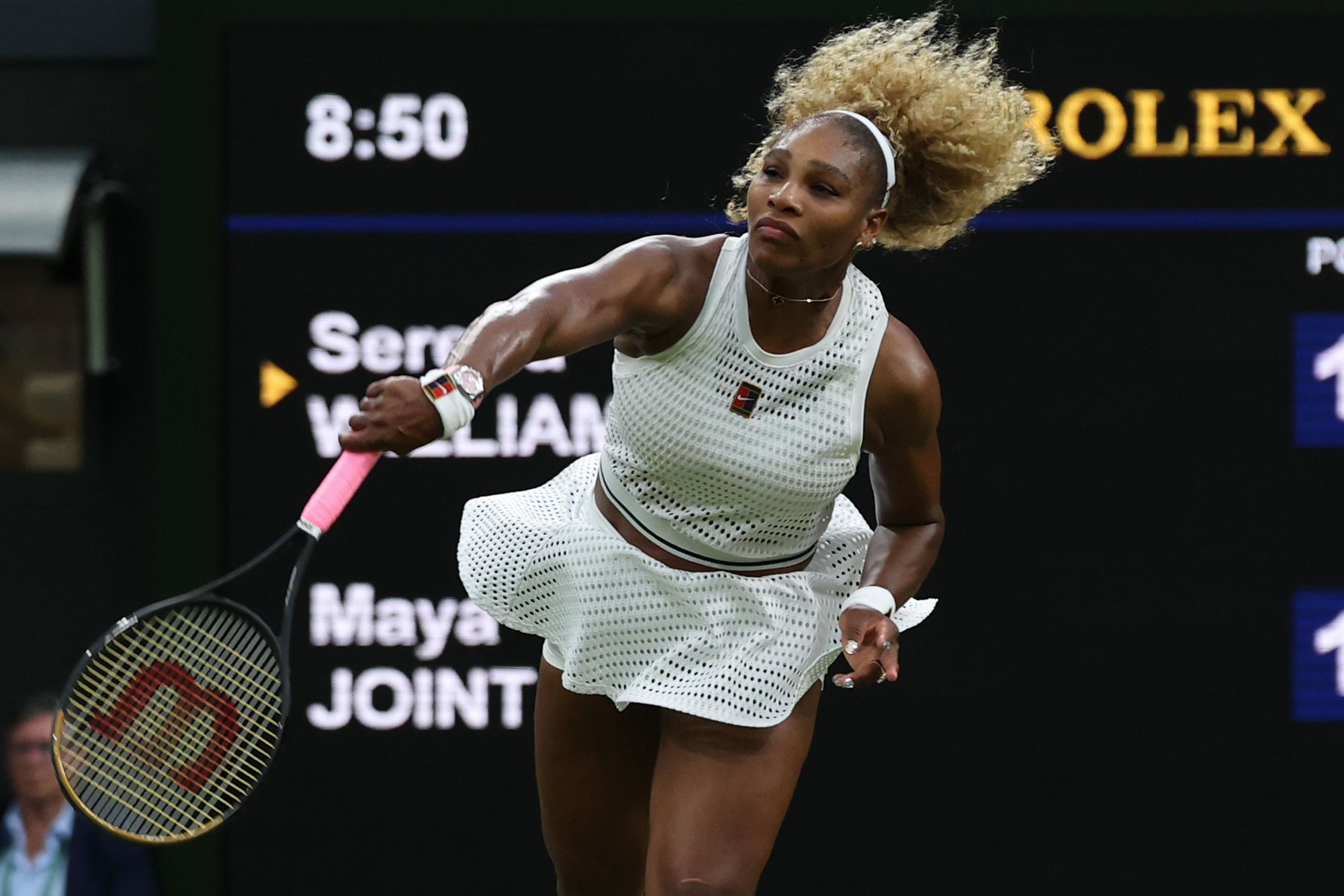 Jun 30, 2026; London, United Kingdom; Serena Williams (USA) serves against Maya Joint (AUS) (not pictured) on day two of The Championships Wimbledon 2026 at All England Lawn Tennis and Croquet Club. © Geoff Burke-Imagn Images
