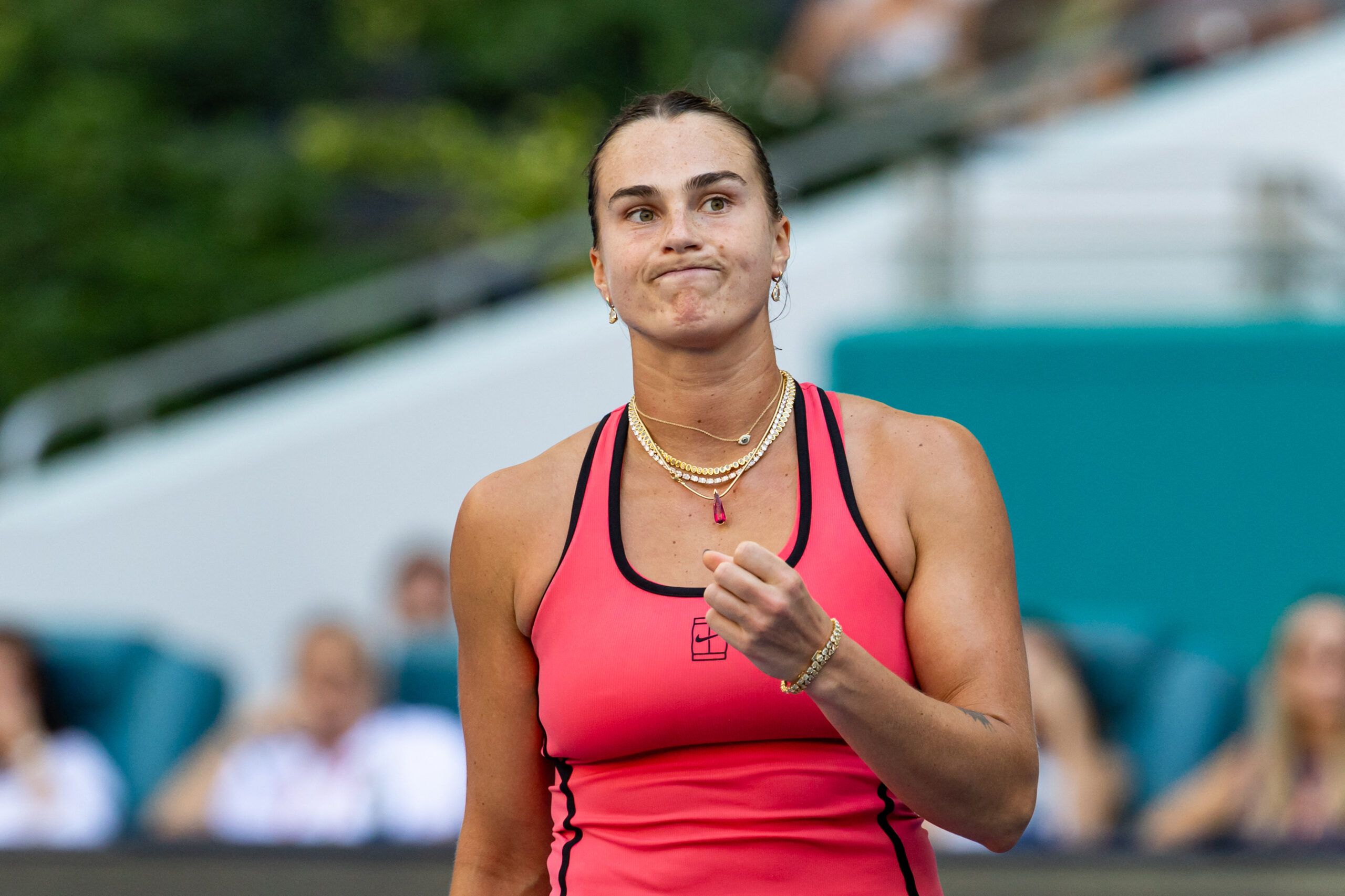 Mar 28, 2026; Miami Gardens, FL, USA; Aryna Sabalenka of Belarus reacts during her match against Coco Gauff of the United States in the final of the women’s singles at the Hard Rock Stadium. © Mike Frey-Imagn Images