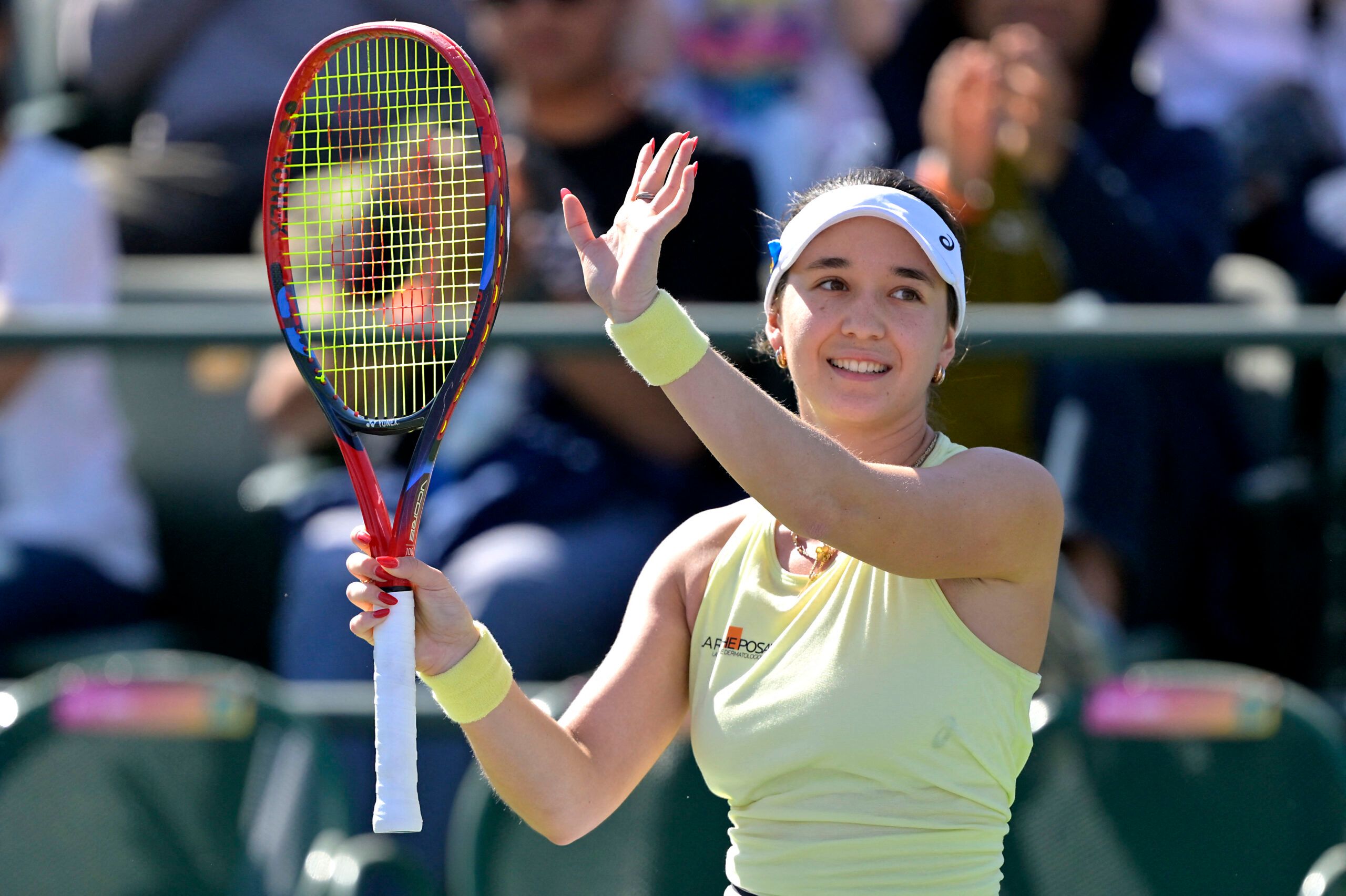 Mar 2, 2025; Indian Wells, CA, USA; Eva Lys (GER) after she defeated Aliaksandra Sasnovich (not pictured) during her qualifying match in the BNP Paribas open at the Indian Well Tennis Garden. © Jayne Kamin-Oncea-Imagn Images
