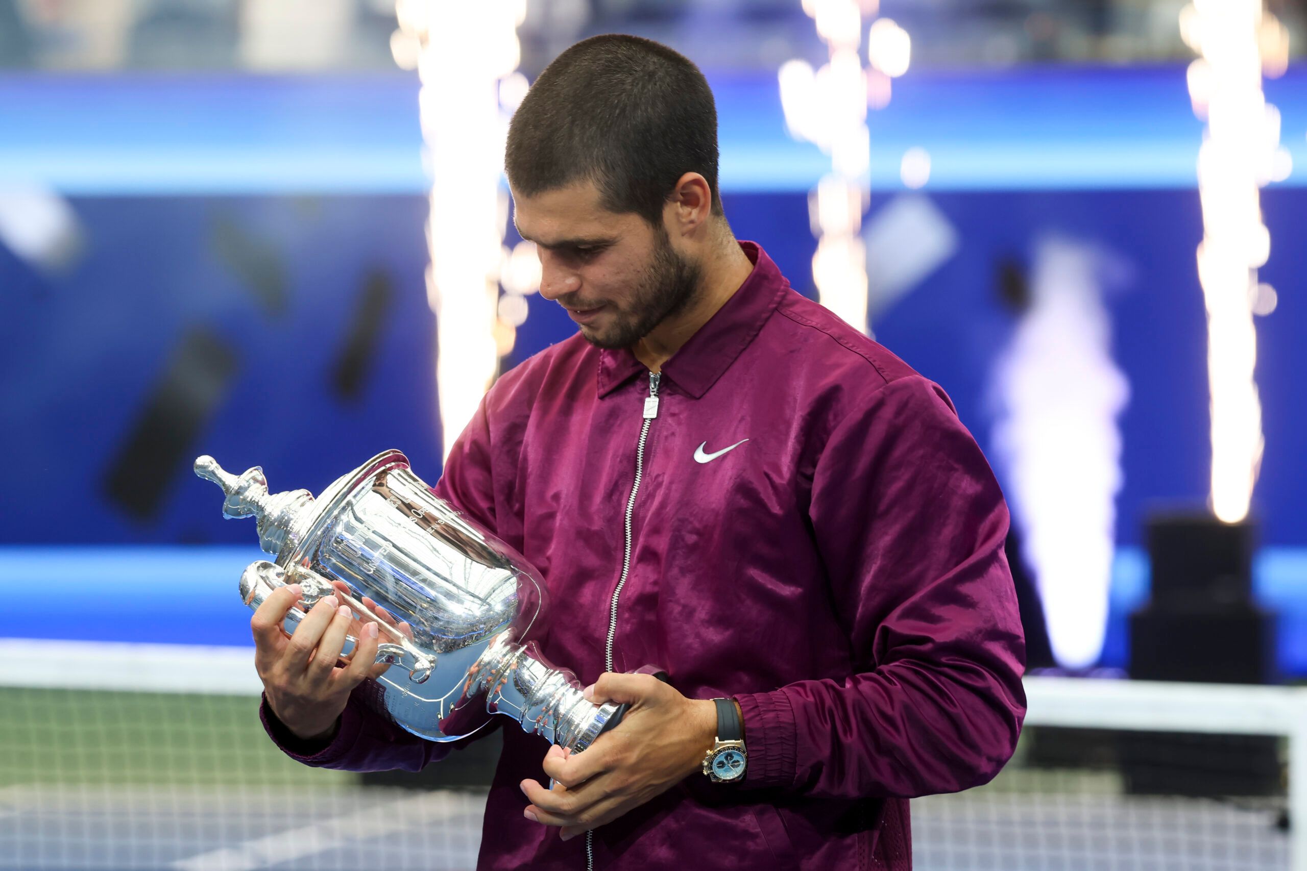 Sep 7, 2025; Flushing, NY, USA; Carlos Alcaraz (ESP) looks at the trophy after winning the final of mens singles at Billie Jean King National Tennis Center. © Mike Frey-Imagn Images