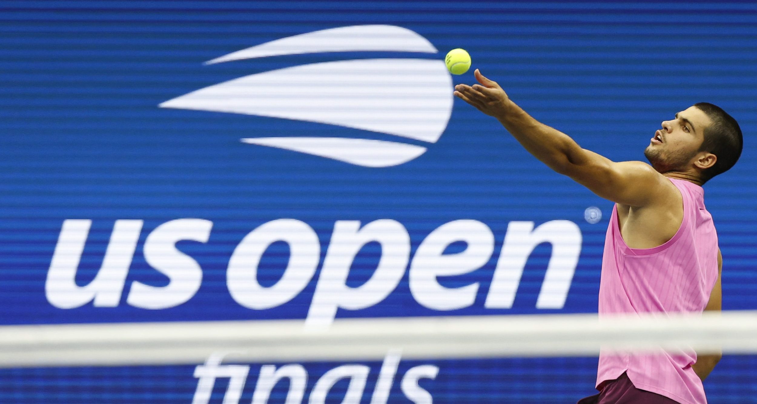 Carlos Alcaraz (ESP) serves against Jannik Sinner (ITA) (not pictured) in the men's singles final of the 2025 US Open tennis championships