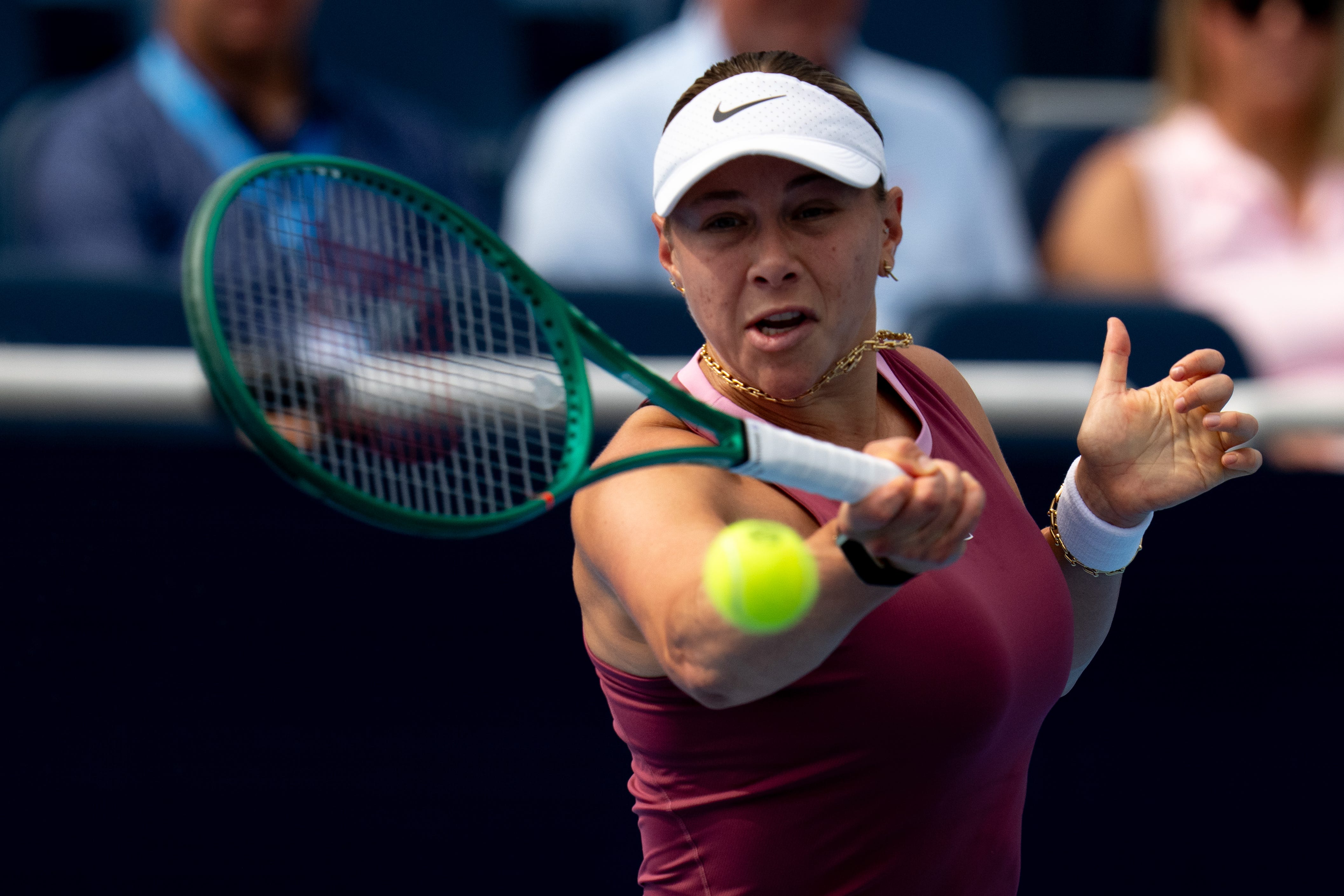 Amanda Anisimova, of the United States, returns to Zeynep Sonmez, of Turkey, at the Cincinnati Open at the Lindner Family Tennis Center in Mason, Ohio, on Saturday, August 15, 2026.