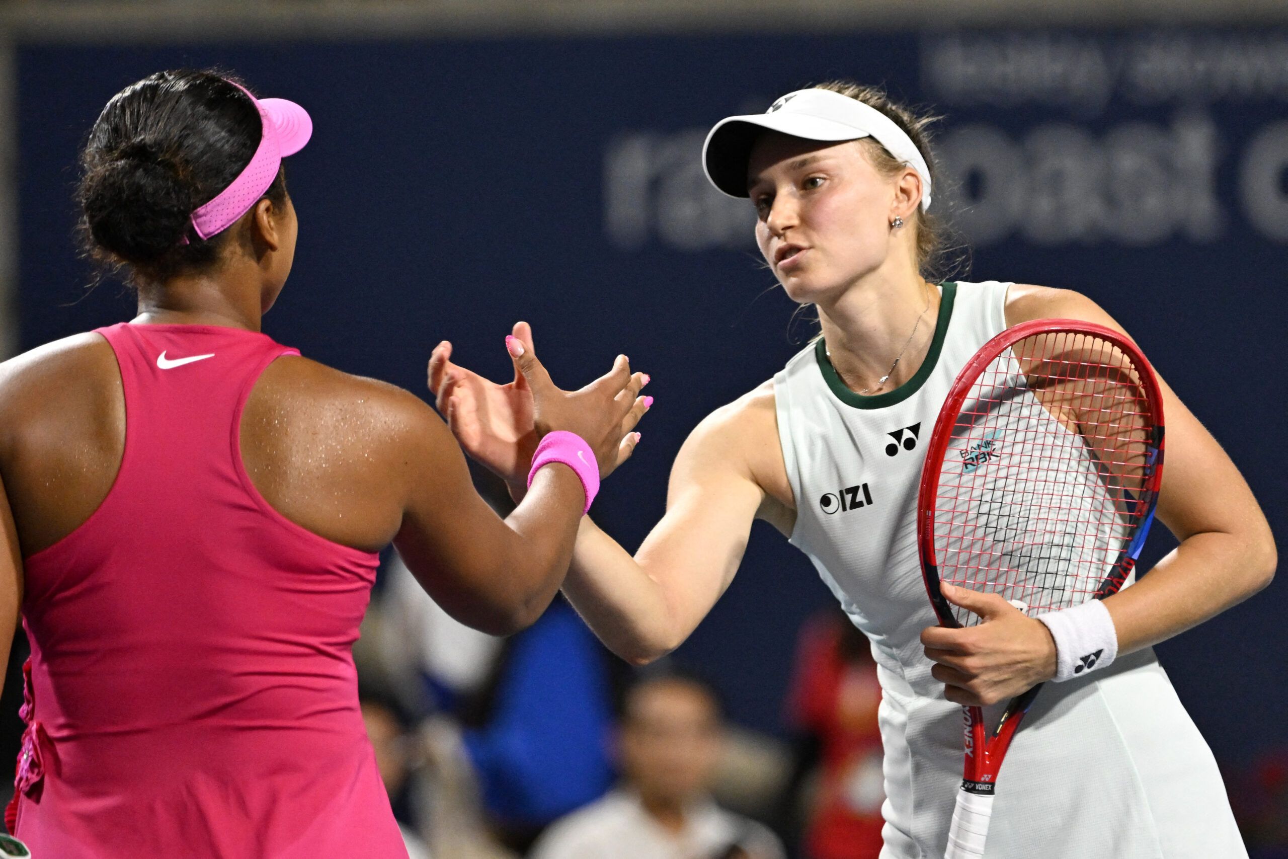 Aug 11, 2026; Toronto, Ontario, Canada; Elena Rybakina (KAZ) shakes hands after defeating Naomi Osaka (JPN) during quarter final play at Sobeys Stadium. © Dan Hamilton-Imagn Images
