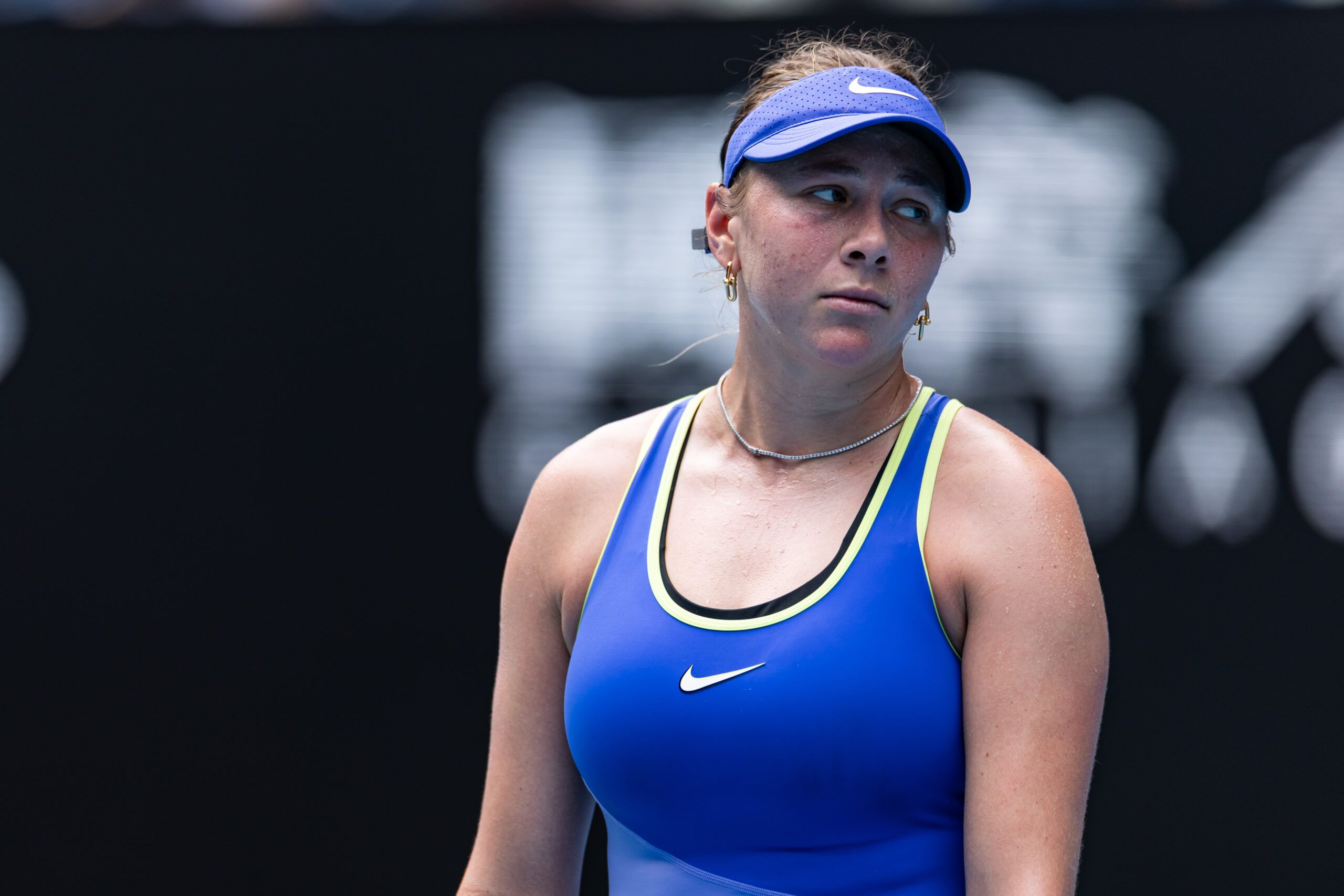 Jan 28, 2026; Melbourne, Victoria, Australia; Amanda Anisimova of United States in action against Jessica Pegula of United States in the quarterfinals of the womenâs singles at the Australian Open at Rod Laver Arena in Melbourne Park. © Mike Frey-Imagn Images