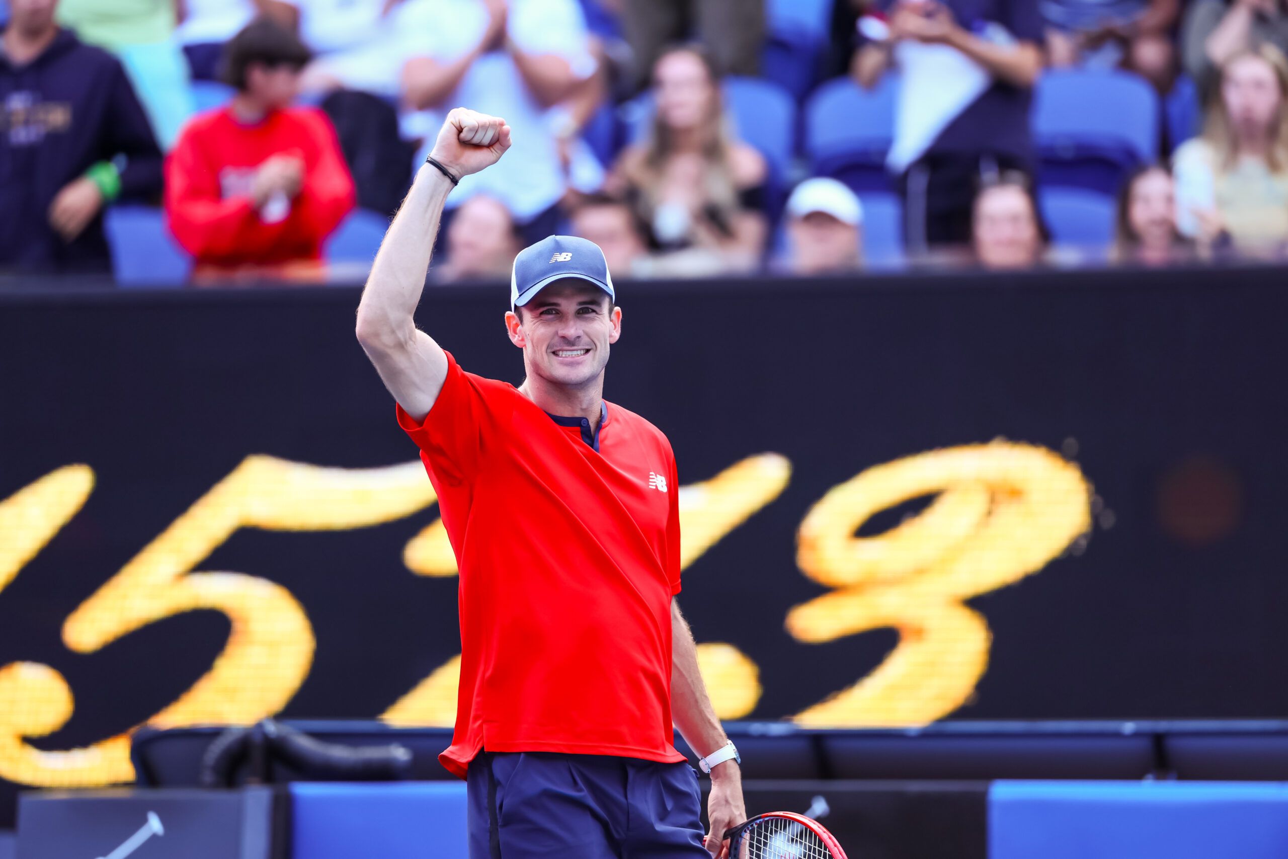 Jan 18, 2024; Melbourne, Victoria, Australia; Tommy Paul of the United States celebrates his win against Jack Draper (not pictured) of Great Britain in Round 2 of the Men's Singles on Day 5 of the Australian Open tennis at Show Court Arena. © Mike Frey-USA TODAY Sports
