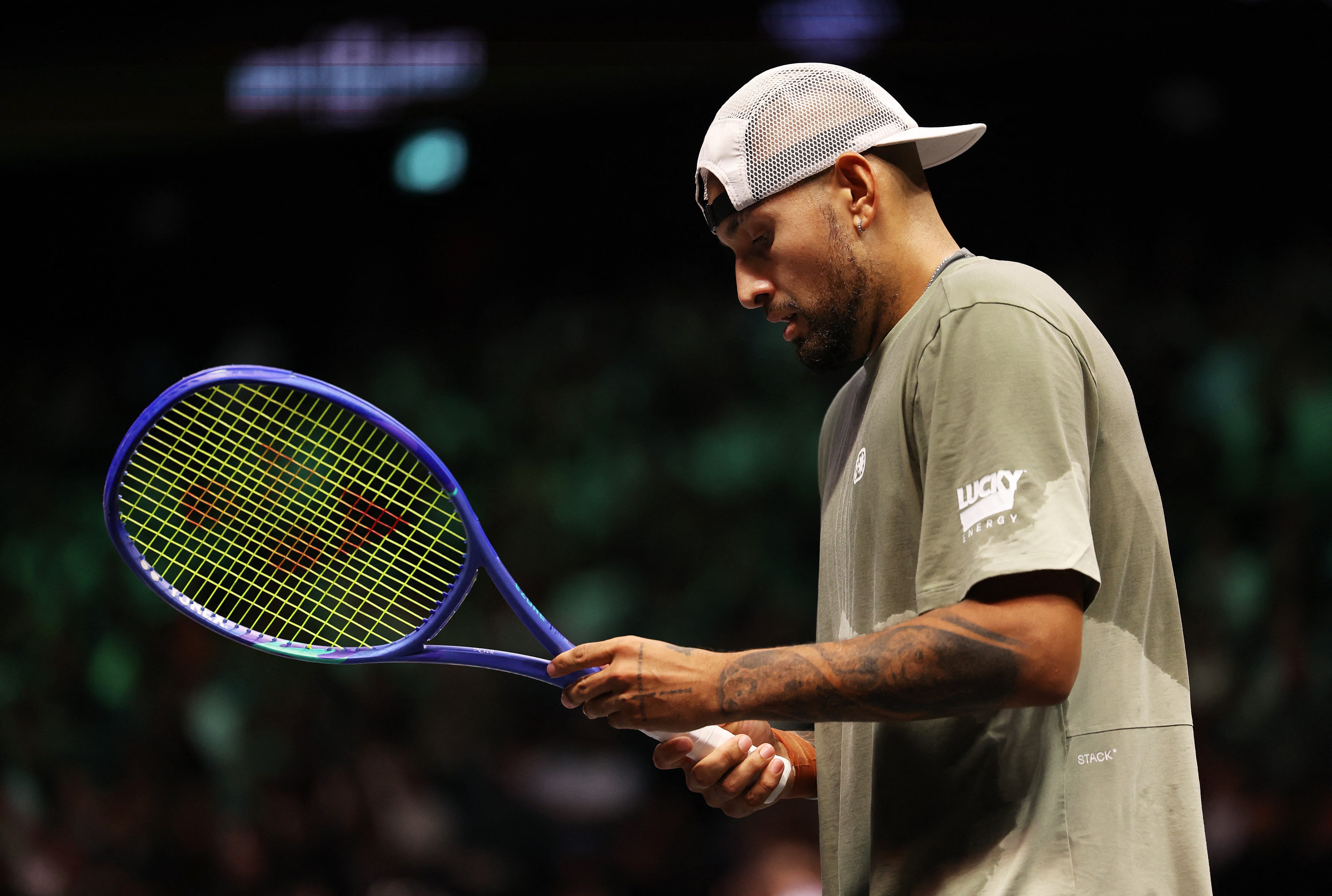 Nick Kyrgios during the Battle of the Sexes match between Aryna Sabalenka and Nick Kyrgios of Australia at Coca-Cola Arena on Dec. 28, 2025 in Dubai, United Arab Emirates.