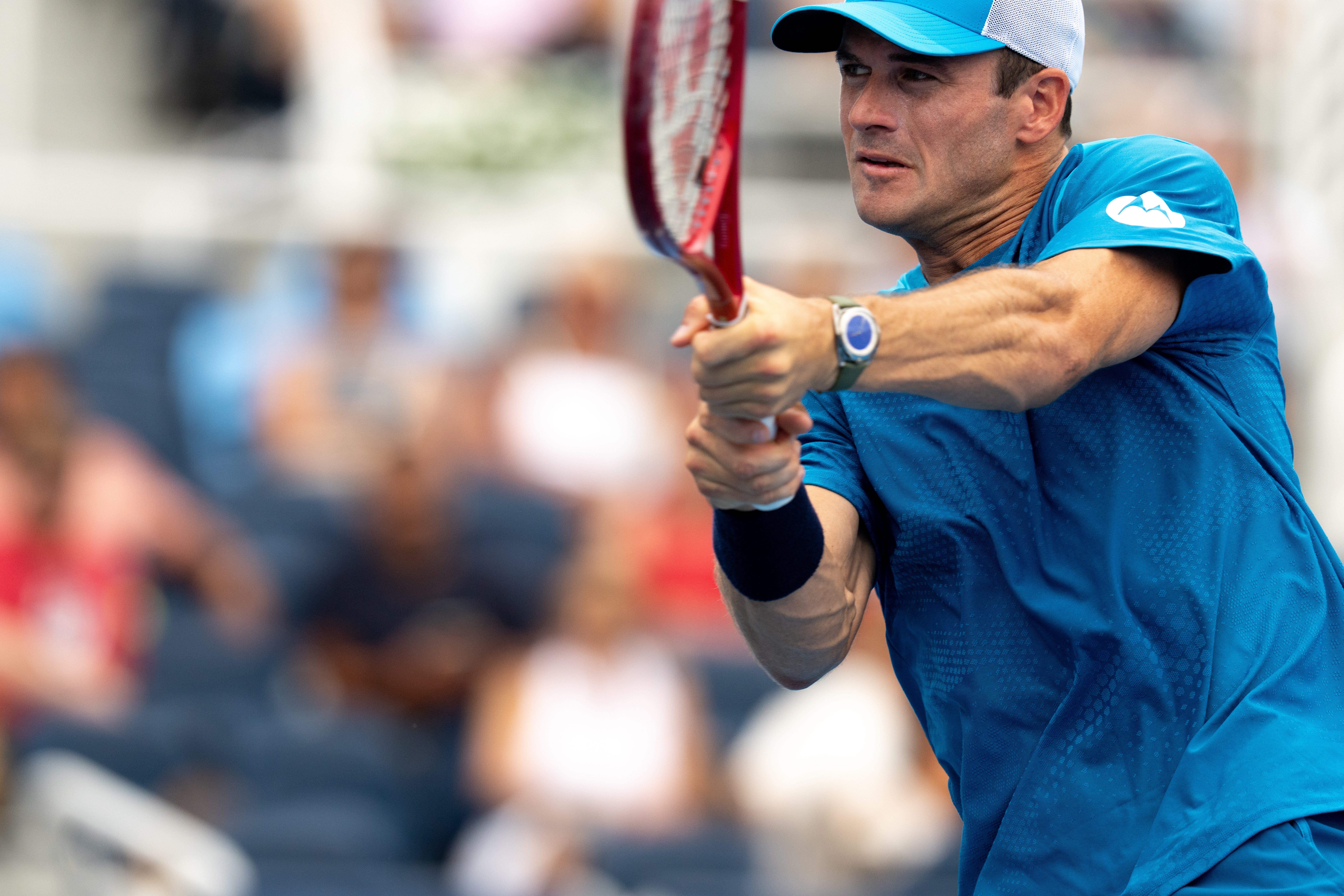 Tommy Paul, of United States, returns to Alexander Zverev, of Germany, at the Cincinnati Open at the Lindner Family Tennis Center in Mason, Ohio, on Wednesday, August 19, 2026.