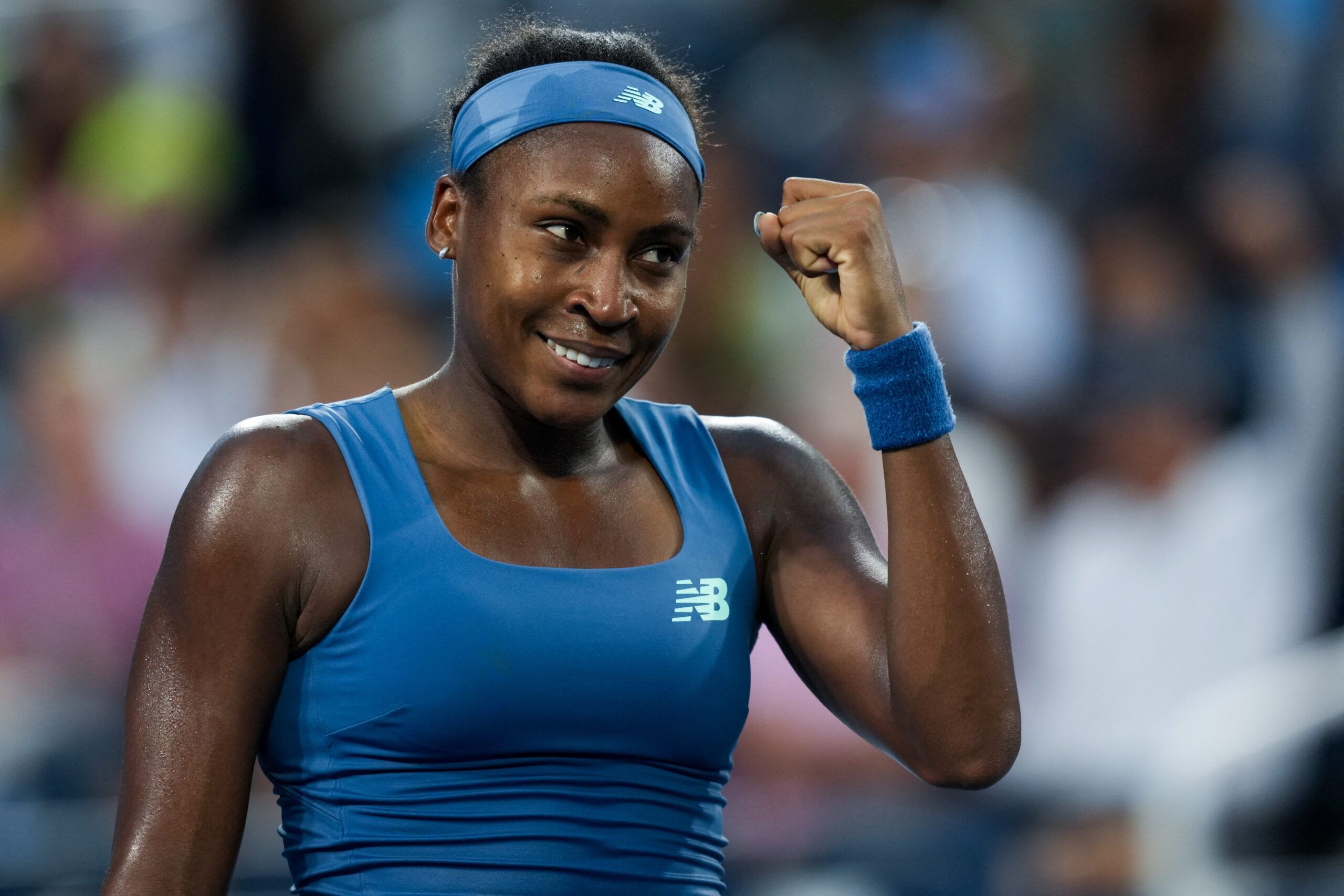 Aug 19, 2026; Mason, OH, USA; Coco Gauff (USA) reacts to defeating Marie Bouzkova (CZE) during the Cincinnati Open at Lindner Family Tennis Center. © Aaron Doster-Imagn Images