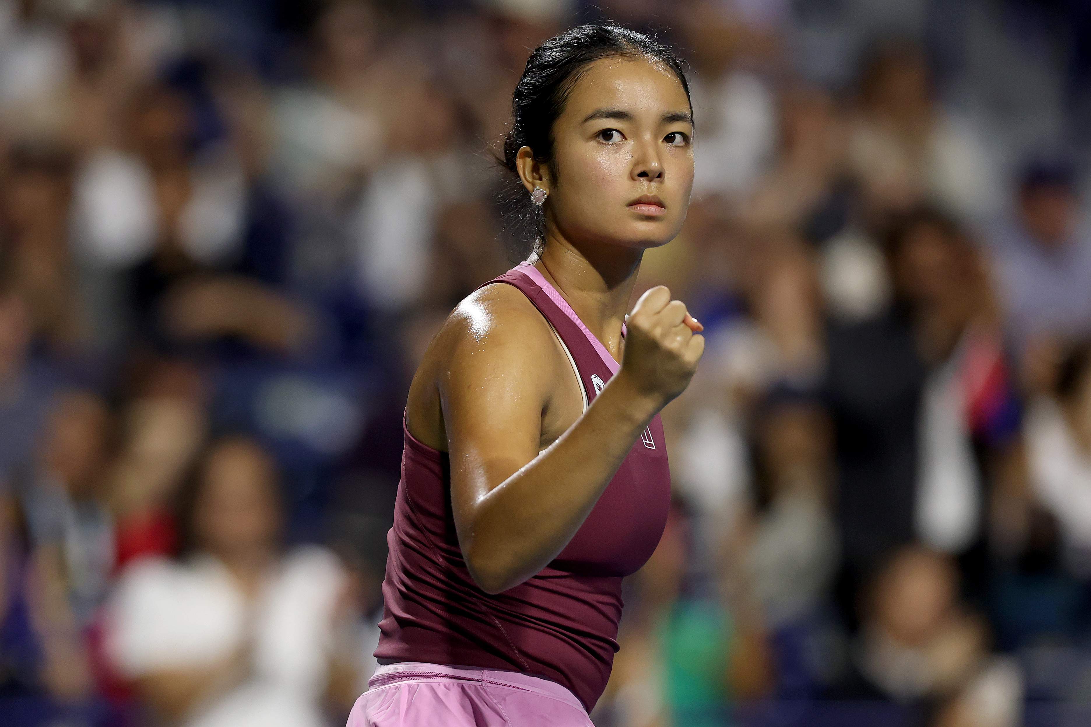 TORONTO, ONTARIO - AUGUST 07: Alexandra Eala of the Philippines celebrates against Caty McNally of the United States during day six of the National Bank Open Presented by Rogers at Sobeys Stadium on August 07, 2026 in Toronto, Ontario. (Photo by Matthew Stockman/Getty Images)