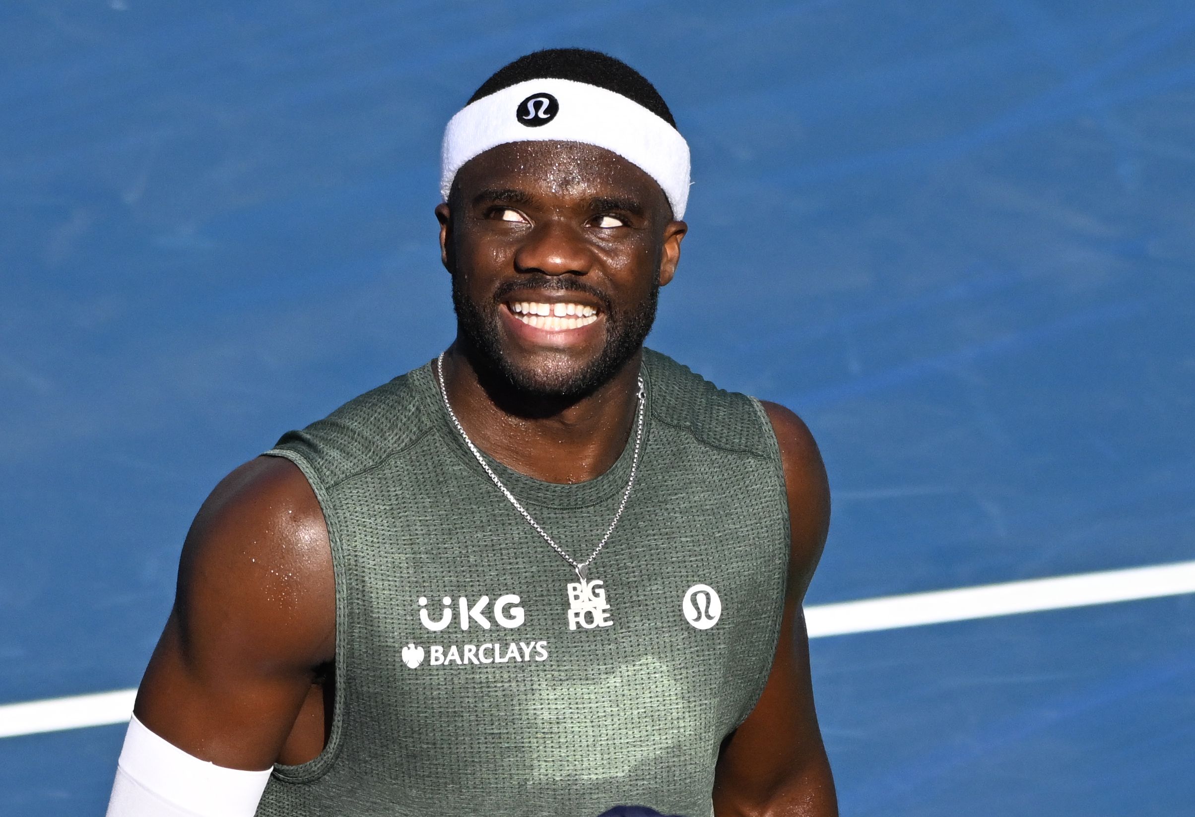 Aug 1, 2025; Toronto, ON, Canada; Frances Tiafoe (USA) celebrates after defeating Aleksandar Vukic (AUS) during third round play at Sobeys Stadium. © Dan Hamilton-Imagn Images