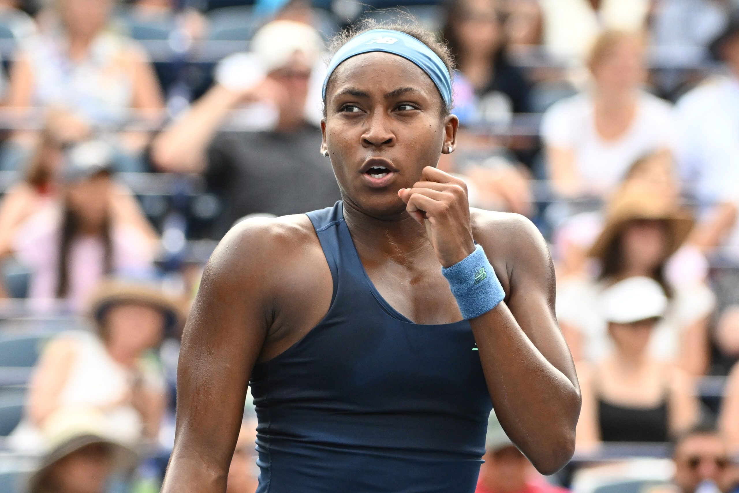 Aug 9, 2026; Toronto, Ontario, Canada; Coco Gauff (USA) reacts after winning the first set against Alina Korneeva during fourth round play at Sobeys Stadium. © Dan Hamilton-Imagn Images