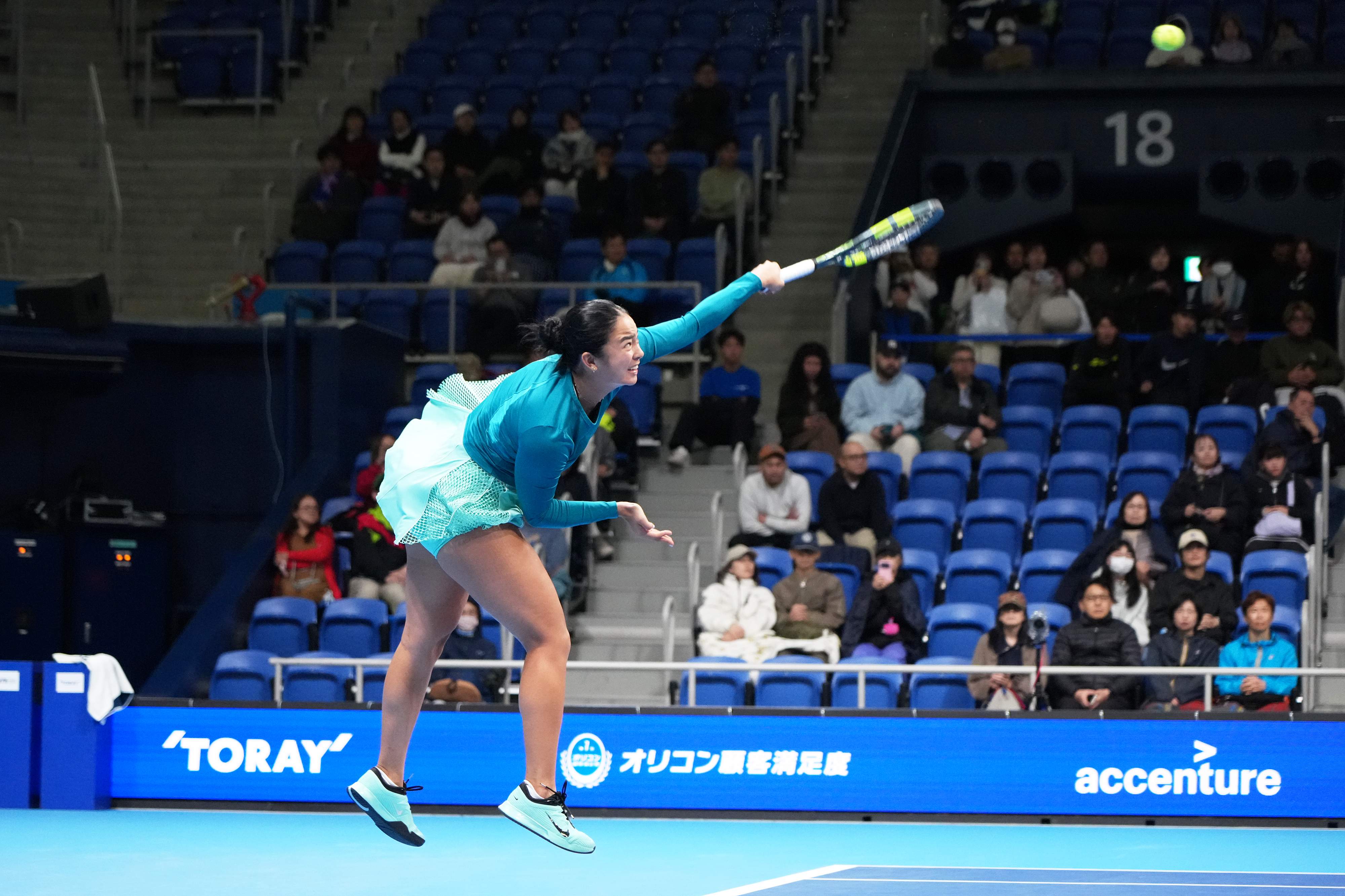 TOKYO, JAPAN - OCTOBER 28: Alexandra Eala of Philippines in action during her round of 16 singles match against Talia Gibson of Australia on day three of Toray Pan Pacific Open at Ariake Tennis Forest Park on October 28, 2026 in Tokyo, Japan. (Photo by Koji Watanabe/Getty Images)
