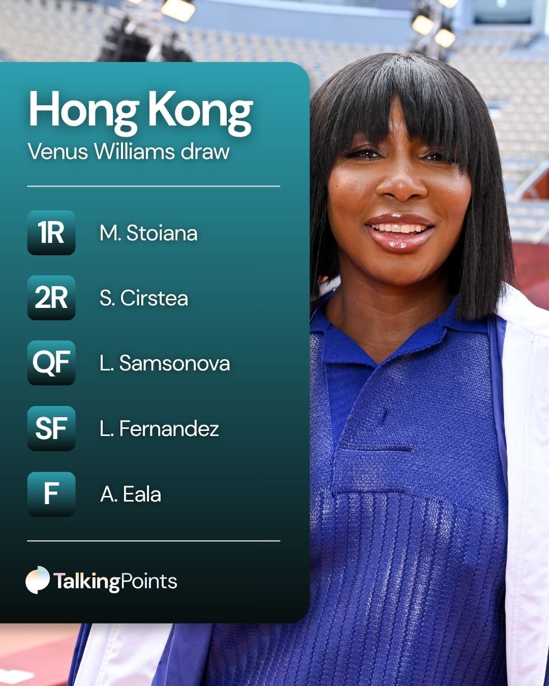 A graphic of Venus Williams' draw for the 2026 Hong Kong Open.