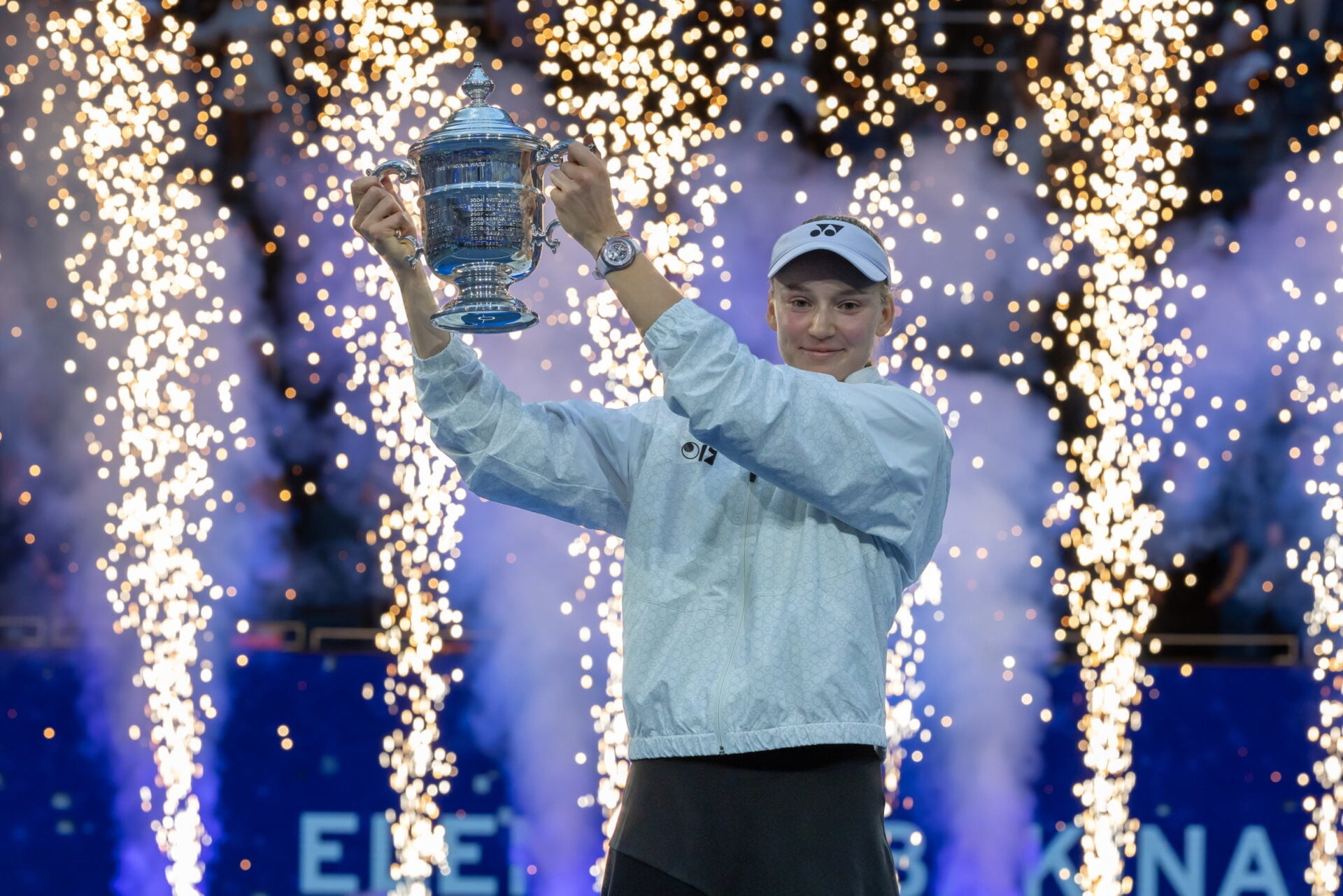 Elena Rybakina celebrates winning the 2026 US Open.