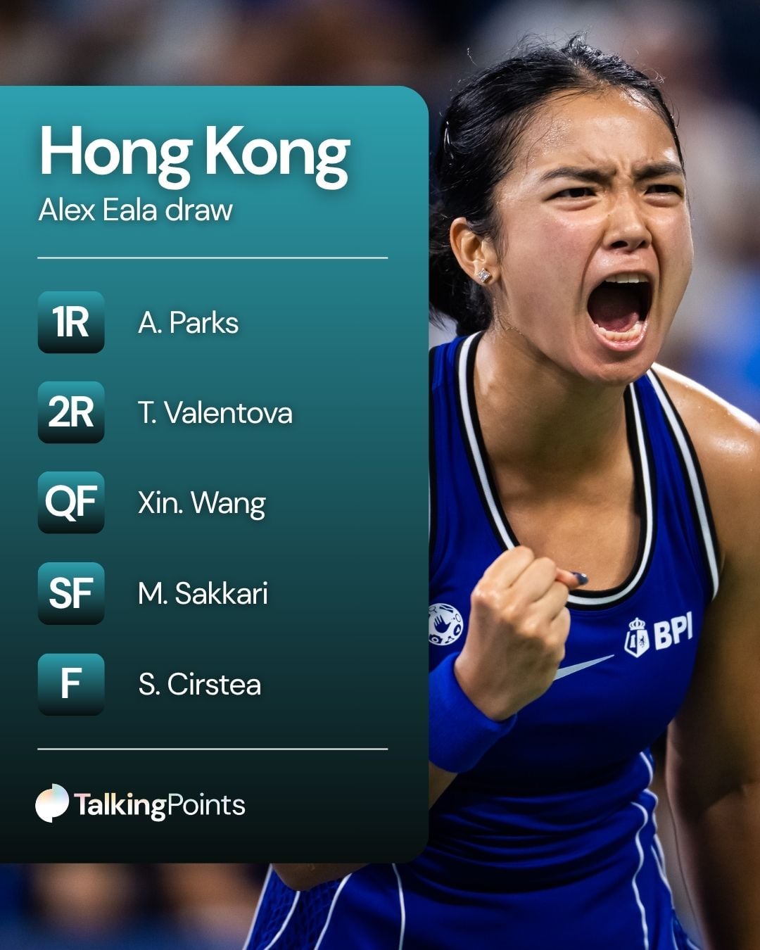 A graphic of Alex Eala's draw for the 2026 Hong Kong Open.