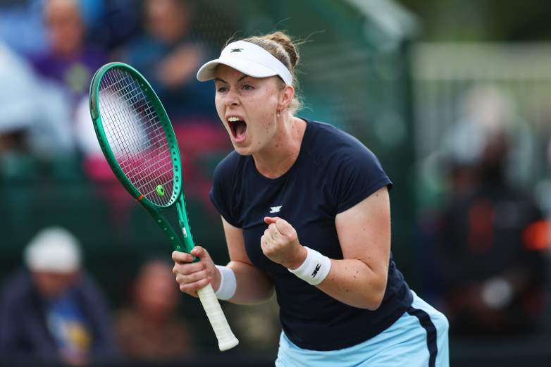 NOTTINGHAM, ENGLAND - JUNE 15: Talia Gibson of Australia celebrates winning match point against Francesca Jones of Great Britain during the Women's Singles First Round match on Day One of the Lexus Nottingham Open at Lexus Nottingham Tennis Centre on June 15, 2026 in Nottingham, England. (Photo by Nathan Stirk/Getty Images for LTA)